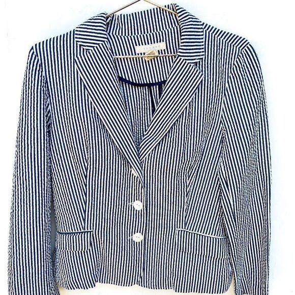 Sandro Navy Blue White Stripped Seersucker Long Sleeve Three Button Blazer - Picture 1 of 9